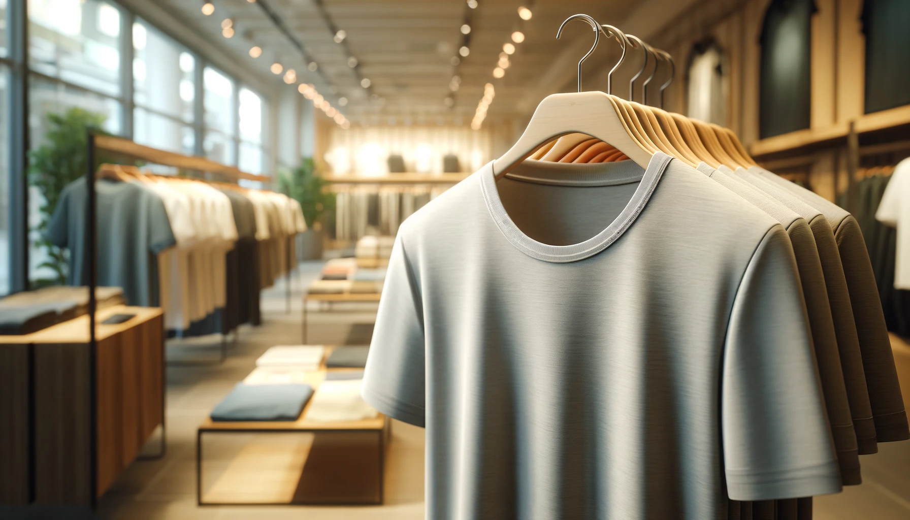 a single t-shirt on a hanger in a neatly arranged shop, with soft natural lighting and a blurred background highlighting the store's interior.