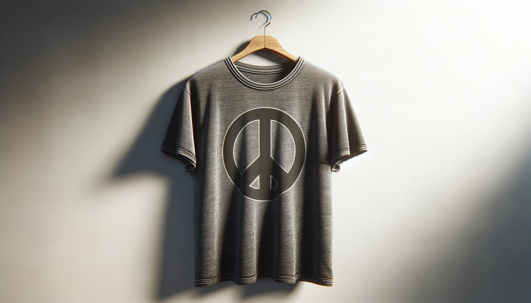a t-shirt with a peace symbol design displayed on a hanger against a plain, neutral background.