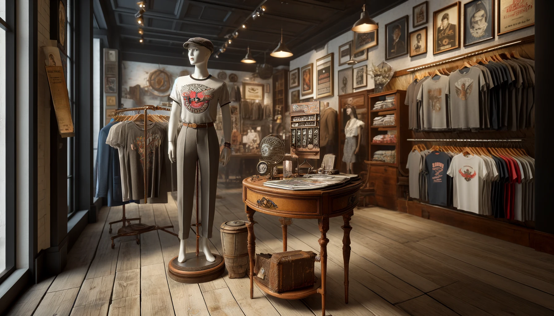 a vintage shop showcasing a stylish mannequin, an antique small table, and a variety of vintage t-shirts hanging on racks and neatly folded on shelves.