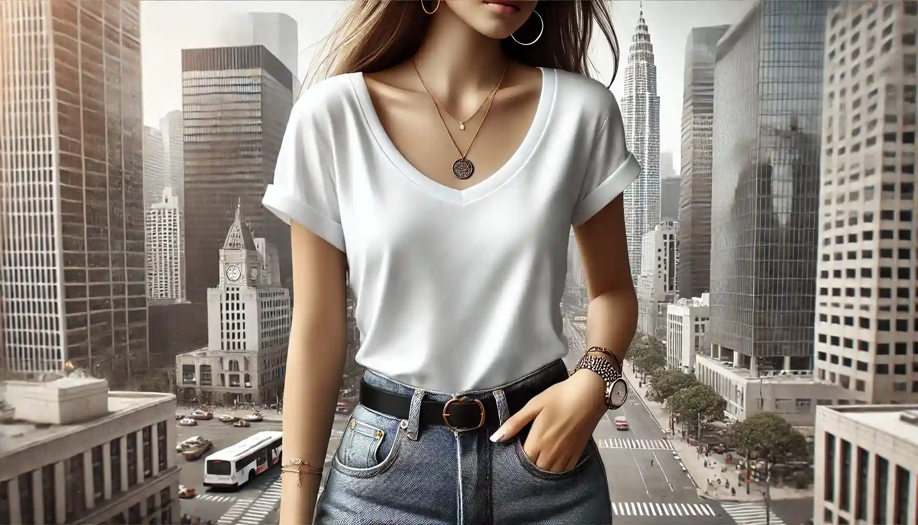 A girl in a white t-shirt and jeans against a backdrop of city architecture. She wears minimalist accessories, such as coin earrings and a watch, highlighting the versatility of the t-shirt.
