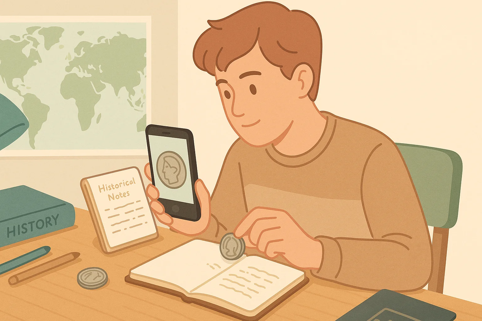 A teenager scans a coin via a coin ID app in his smartphone.
