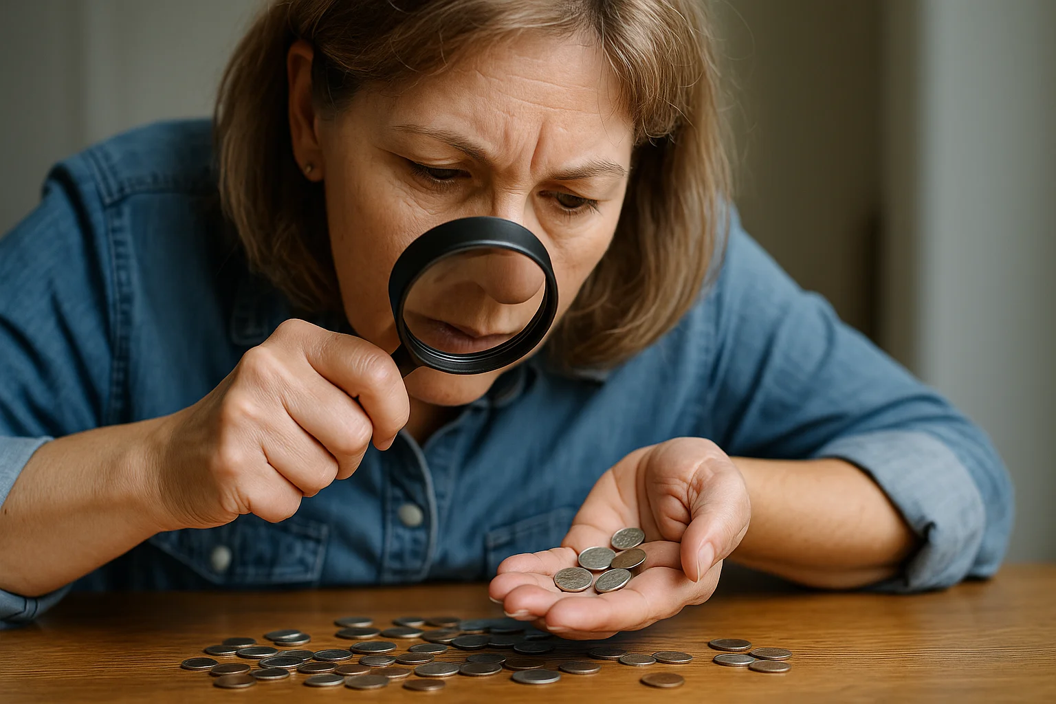A middle-aged woman examines several dimes with a magnifying glass, searching for possible defects on the coins spread out before her.