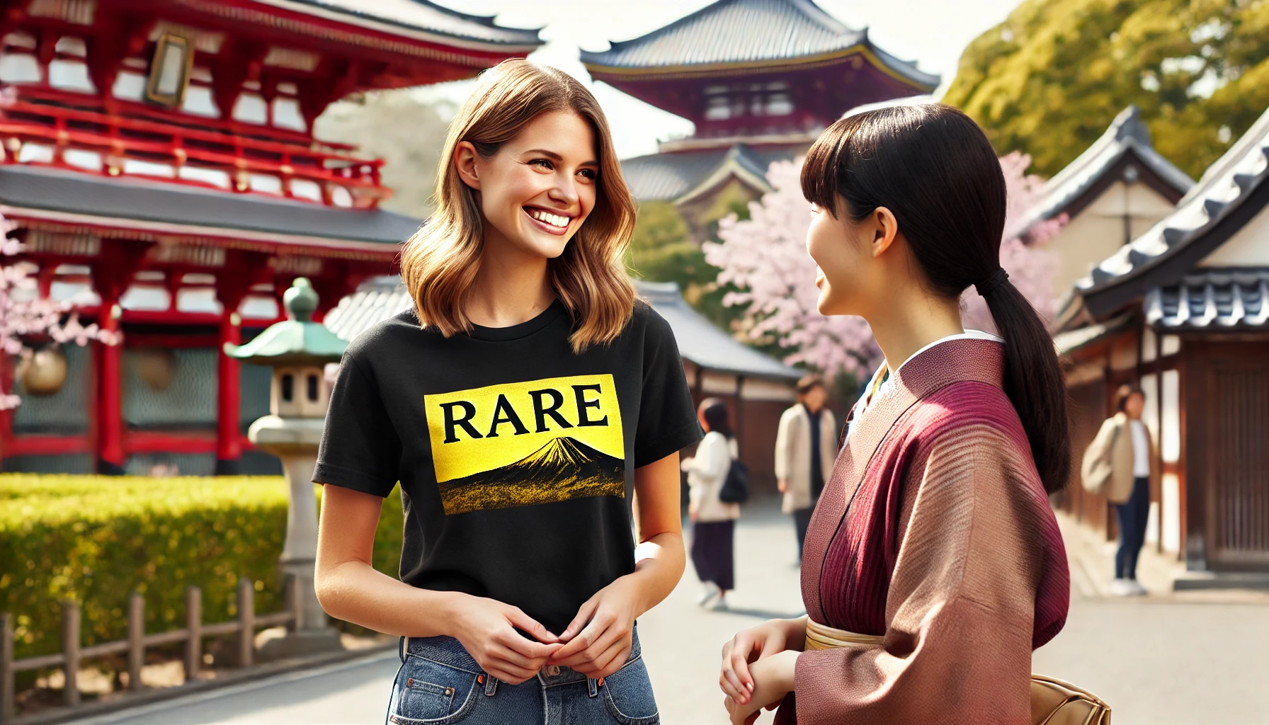 A smiling blonde woman wearing a rare T-shirt, standing and talking to a Japanese woman in Japan near traditional architecture.